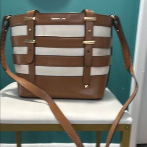 Michael Kors Brown and White Striped Bucket Bag